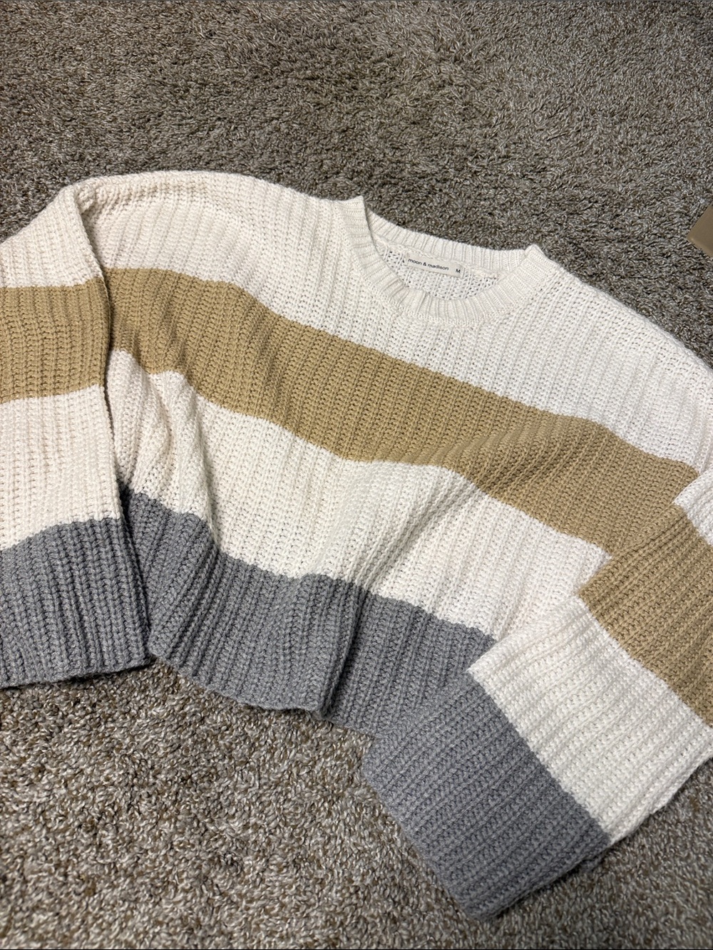 moon & madison Striped Cropped Crewneck Sweater - White, Tan & Gray